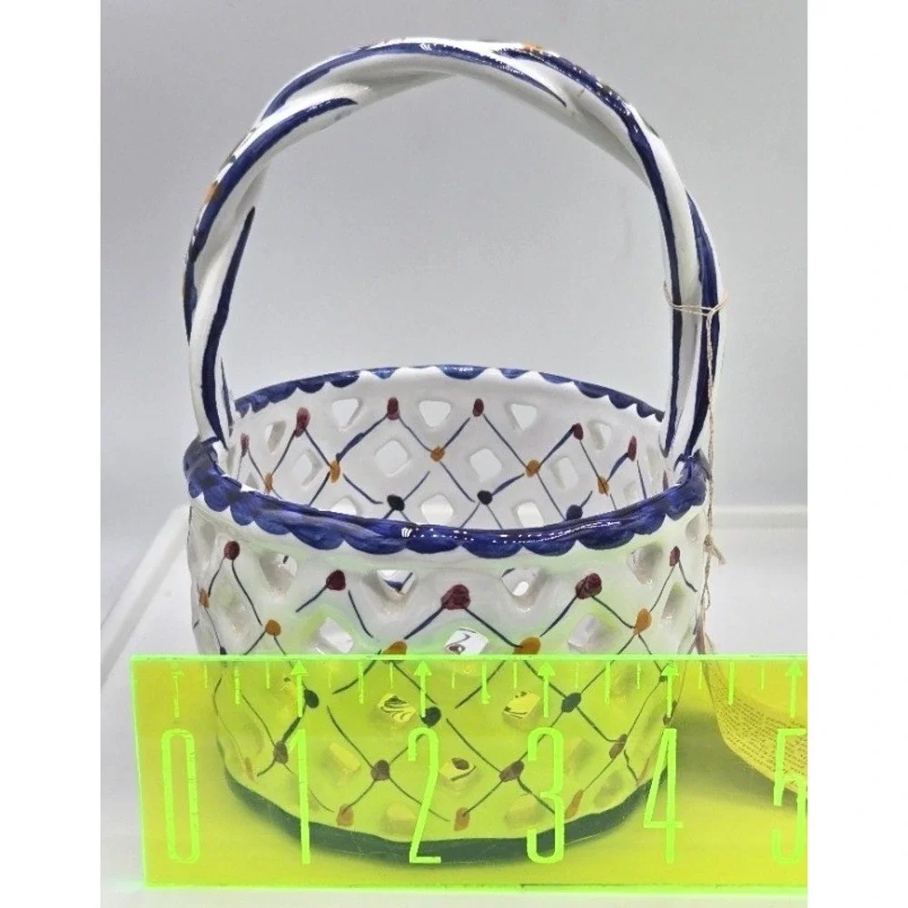 Vintage Portugal Hand Painted Reticulated Ceramic Basket Open Weave Figurine